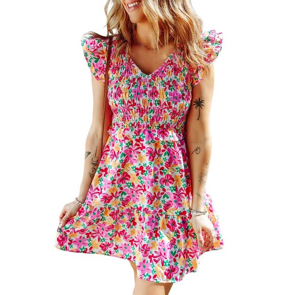 Pink  Multicolor Smocked Bodice Ruffle Trim Floral Dress New Sizes  L, XL - Picture 5 of 8